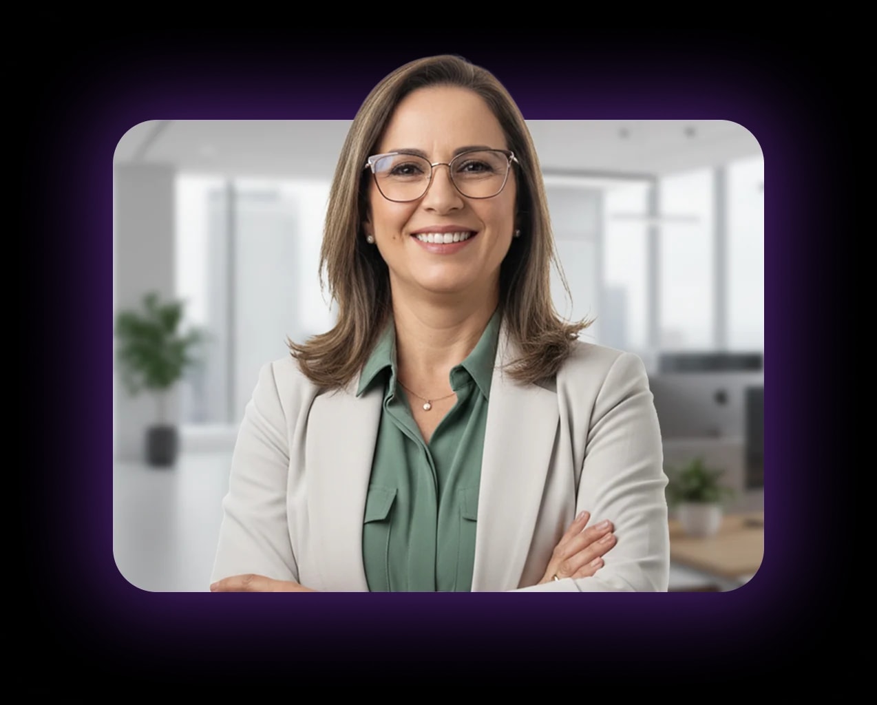 Consultora de óculos sorrindo de braços cruzados em um escritório